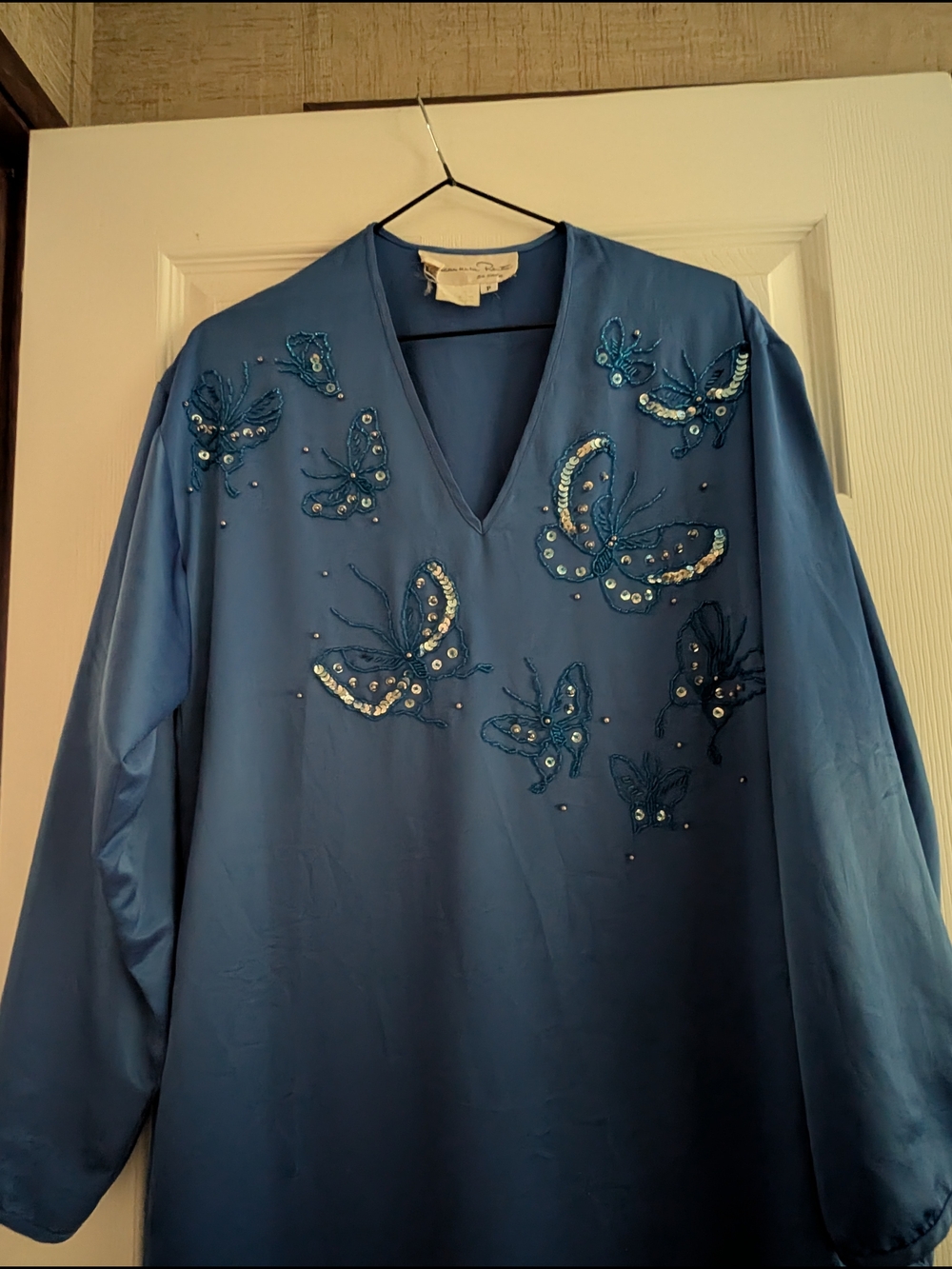 Oscar De La Blue Embroidery Embellished Long-Sleeve Maxi Dress